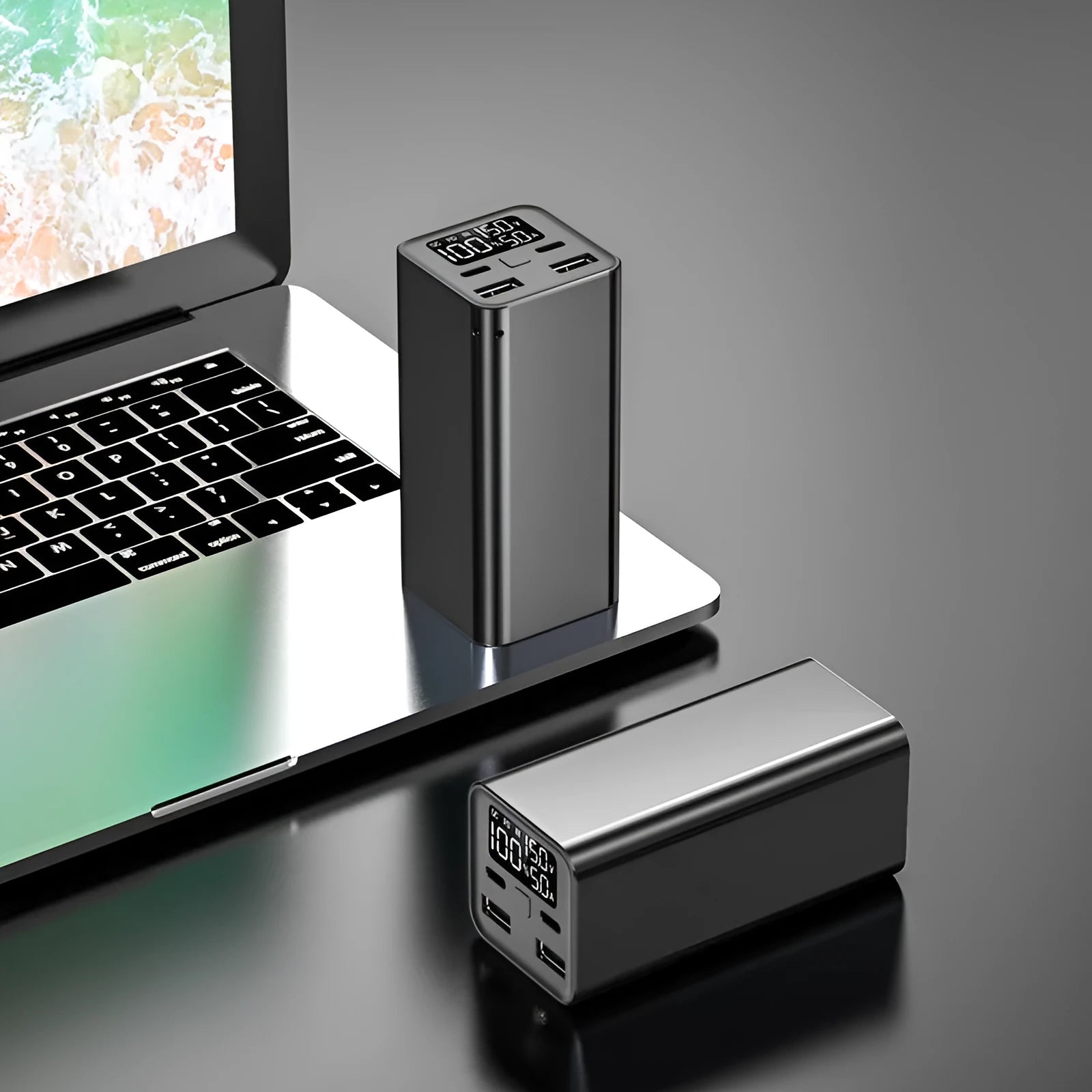 High-power 65W 20000mAh metal laptop charging bank in black, blue, or grey.