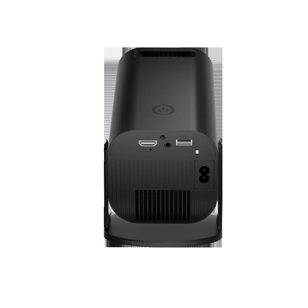Black P330 portable mini projector with remote control on a table, for mobile phone streaming.