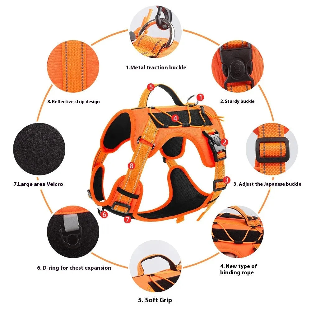 Orange reflective dog vest harness with integrated black hand-holding rope and adjustable straps.