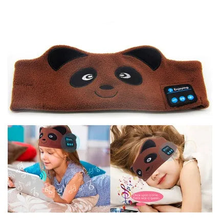 Black Bluetooth sleep eye mask with integrated small earphones showing head-mounted design