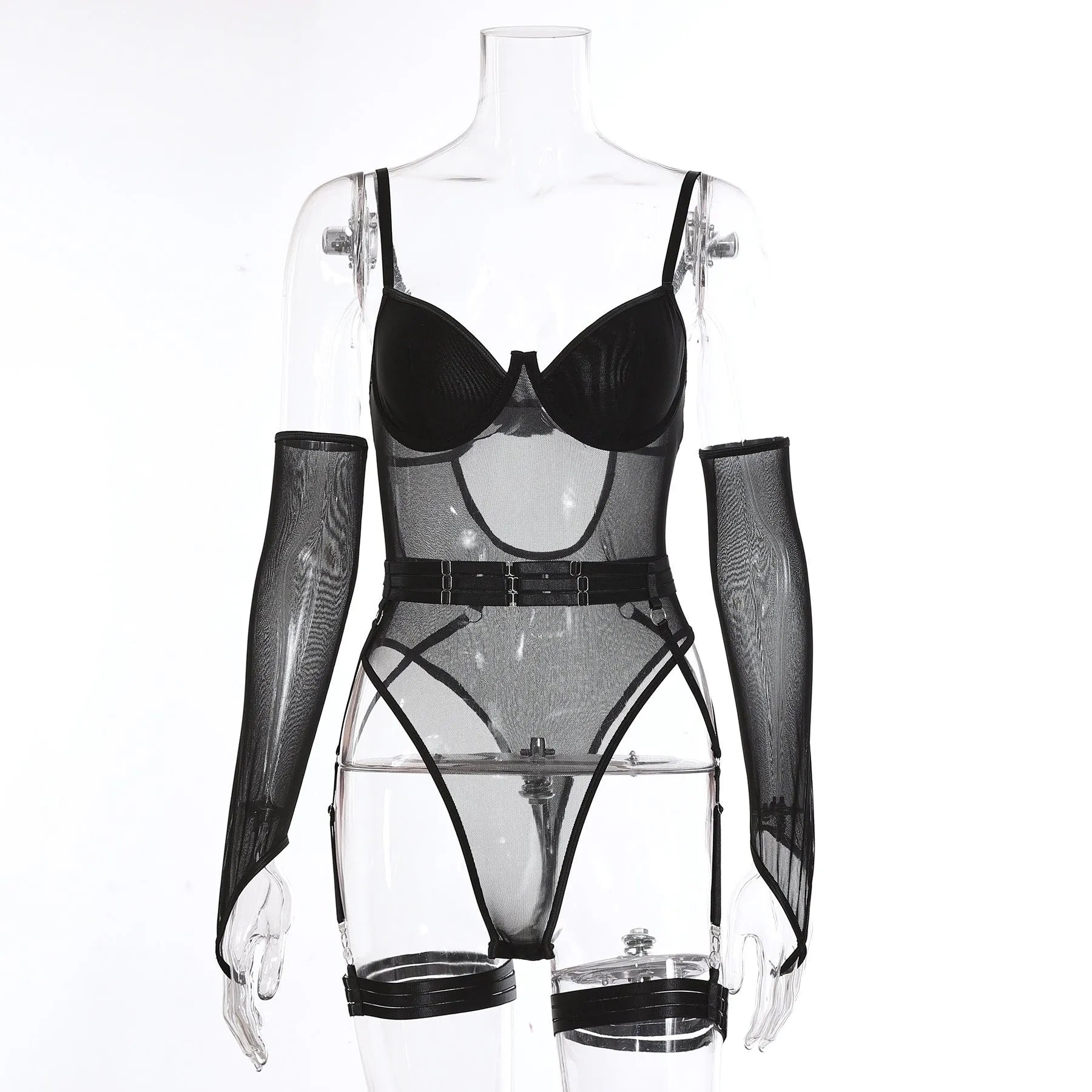 Transparent black mesh jumpsuit for women with form-fitting design for cosplay and sukumizu fashion