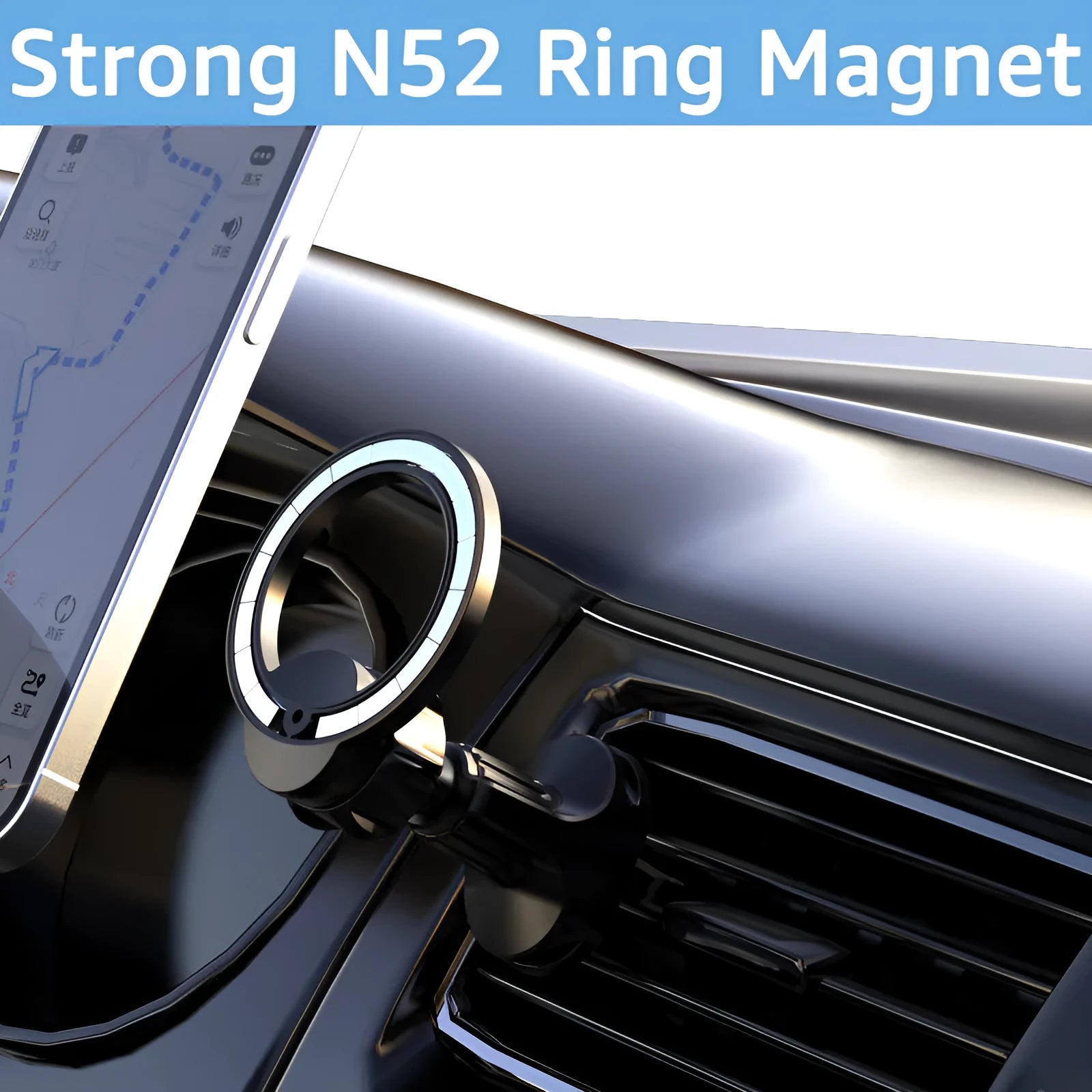 Black magnetic car air vent phone holder with O-ring bracket for smartphones