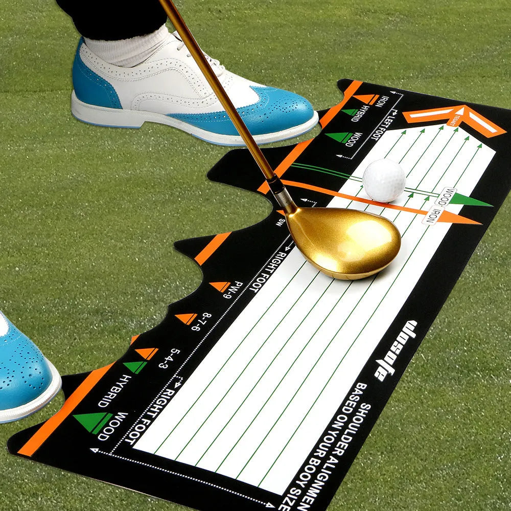 Black neoprene golf swing stance alignment pad with directional markings for training.