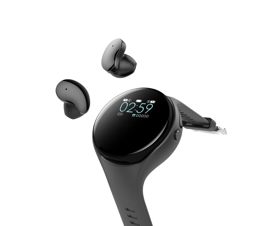 Black detachable smart bracelet and Bluetooth headset combo showing colour screen and earbuds.