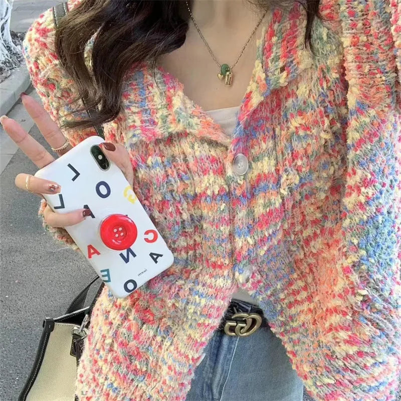 Retro style knitted rainbow cardigan in acrylic fibre with toothbrush hair texture, available in green or pink colours