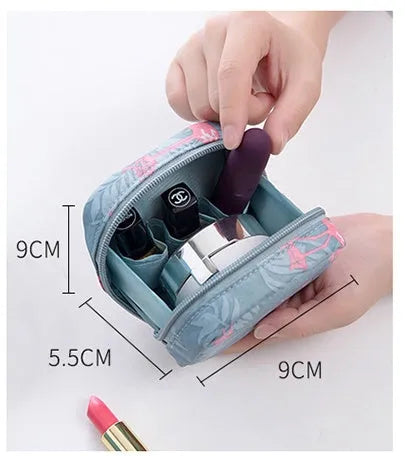Cloth cube-shaped makeup storage bag shown in blue, pink, white, and white pink colour options.
