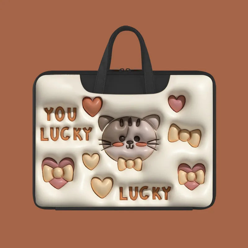 Inflatable PU leather laptop bag with suitcase hanger in cute panda print for a 15.6-inch device.