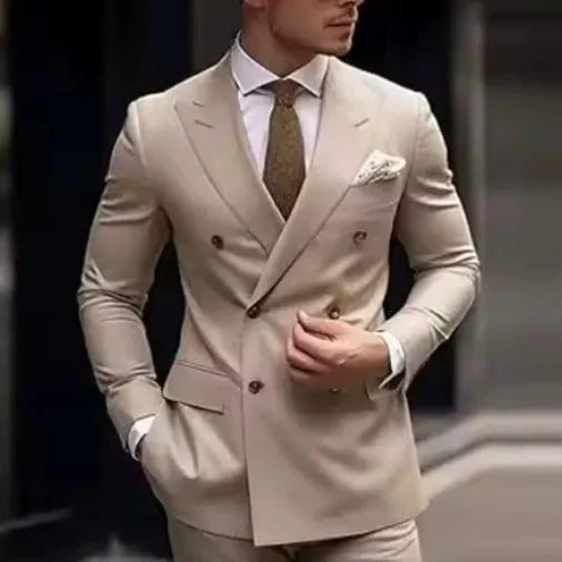 Korean style slim fit men's two-piece suit in a cotton blend fabric for business and banquet wear.