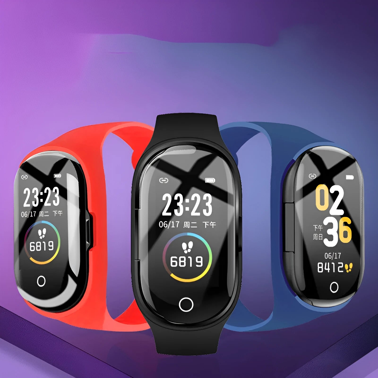 Blue smart bracelet with 1-inch touchscreen and wireless earphones for fitness tracking and calls