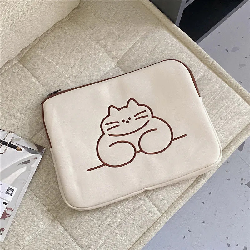 Embroidered animal tablet protective sleeve with zipper in fat cat or sleepy cat designs