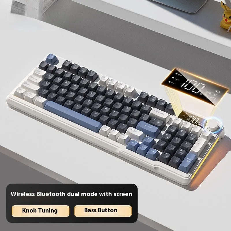 Blue and white wireless mechanical keyboard and mouse set on a desk, showing Type-C cable.