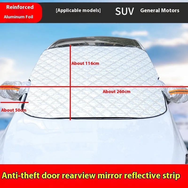 Thickened aluminium foil winter car cover for SUV windshield with magnetic fasteners.