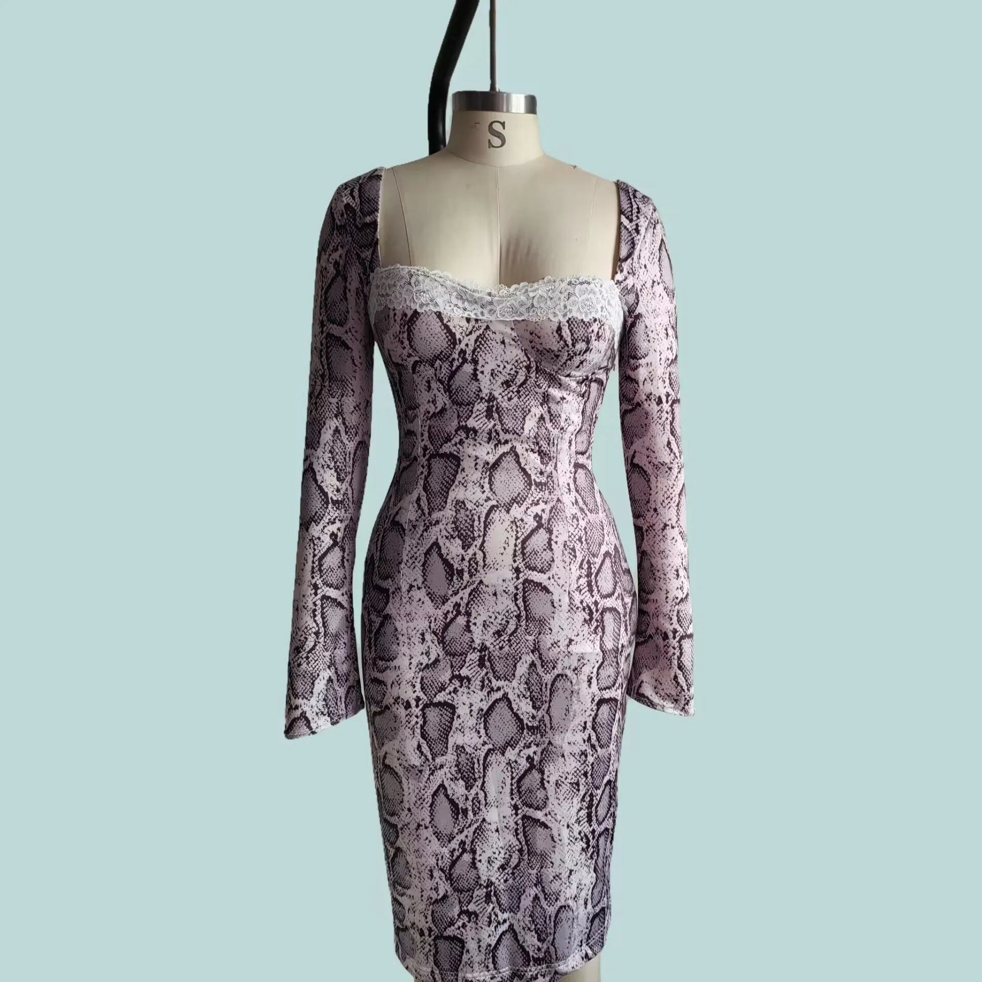 Grey women's slim fit lace dress with 3D digital print pattern and long sleeves.