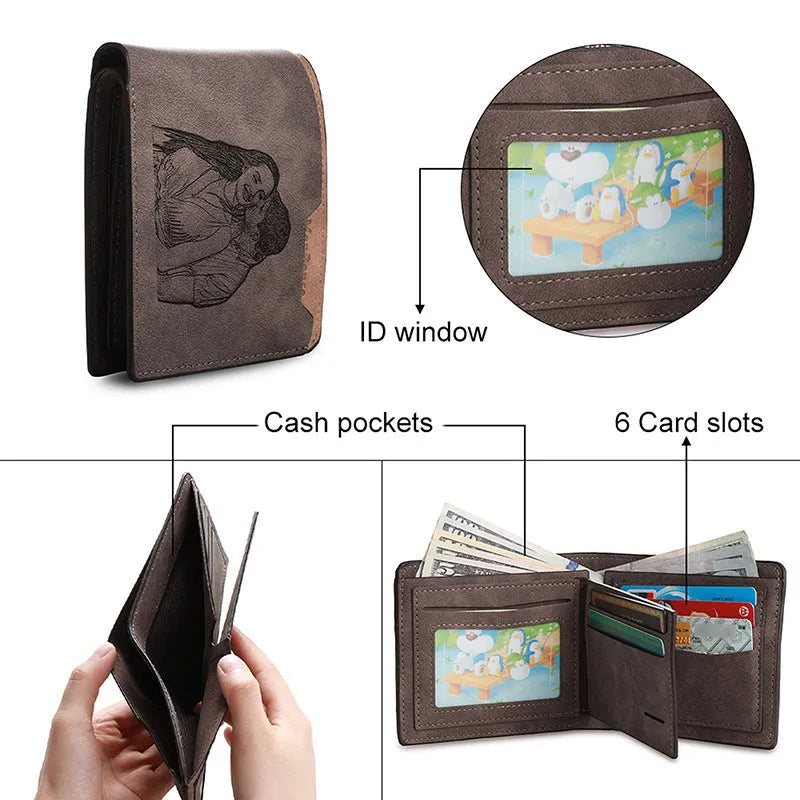 Coffee-coloured engraved horizontal short wallet showing 120x99mm dimensions