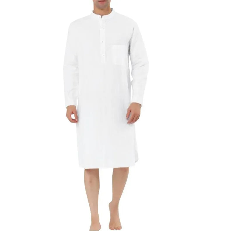 Men's cotton shirt robe in a shirt style with two front pockets, shown in one of nine available colours.