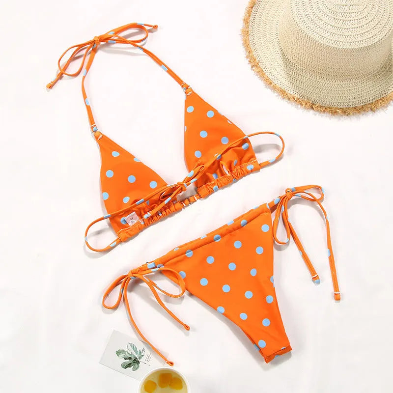 Women's polka dot print bikini in brown dot, watermelon gradient, and orange dot patterns
