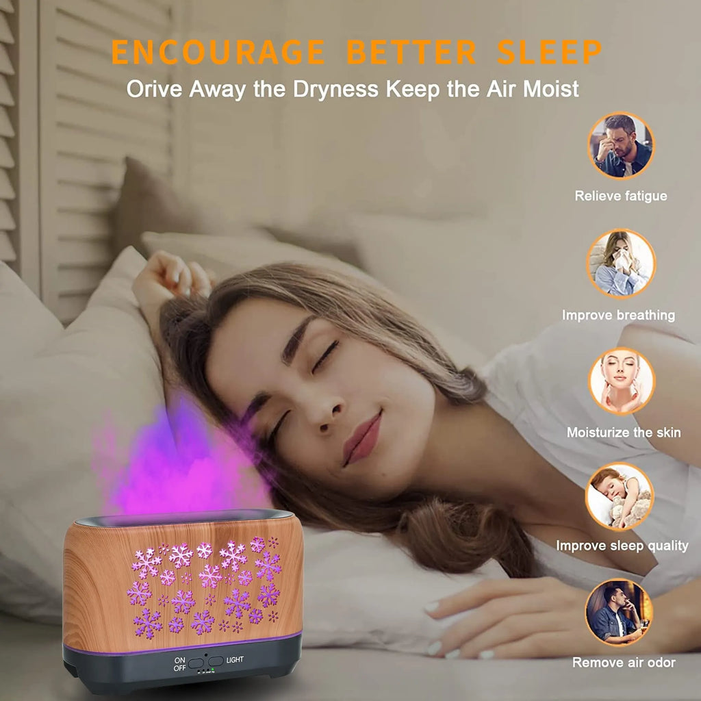 Colourful snowflake wood grain aromatherapy humidifier with flame effect lighting on a desktop