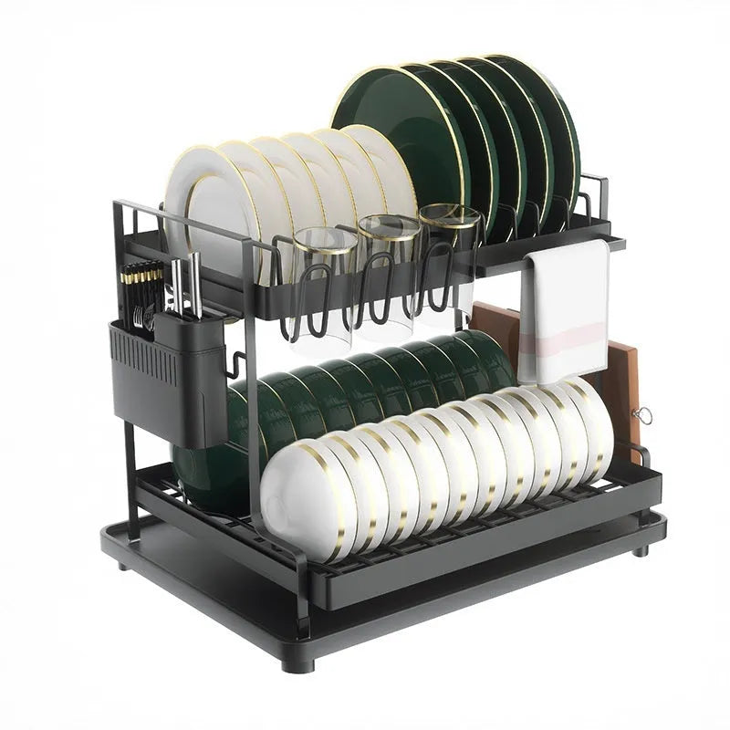 White double-layer removable kitchen draining and storage rack with carbon steel construction