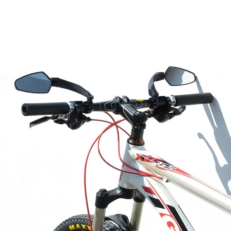 Pair of black rotatable acrylic bicycle rearview mirrors for mountain bike handlebars showing left and right units