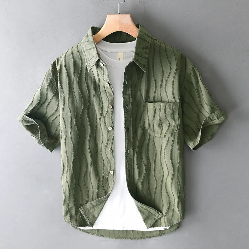 Men's pure cotton short sleeve casual shirt in loose fit Japanese style, apricot colour