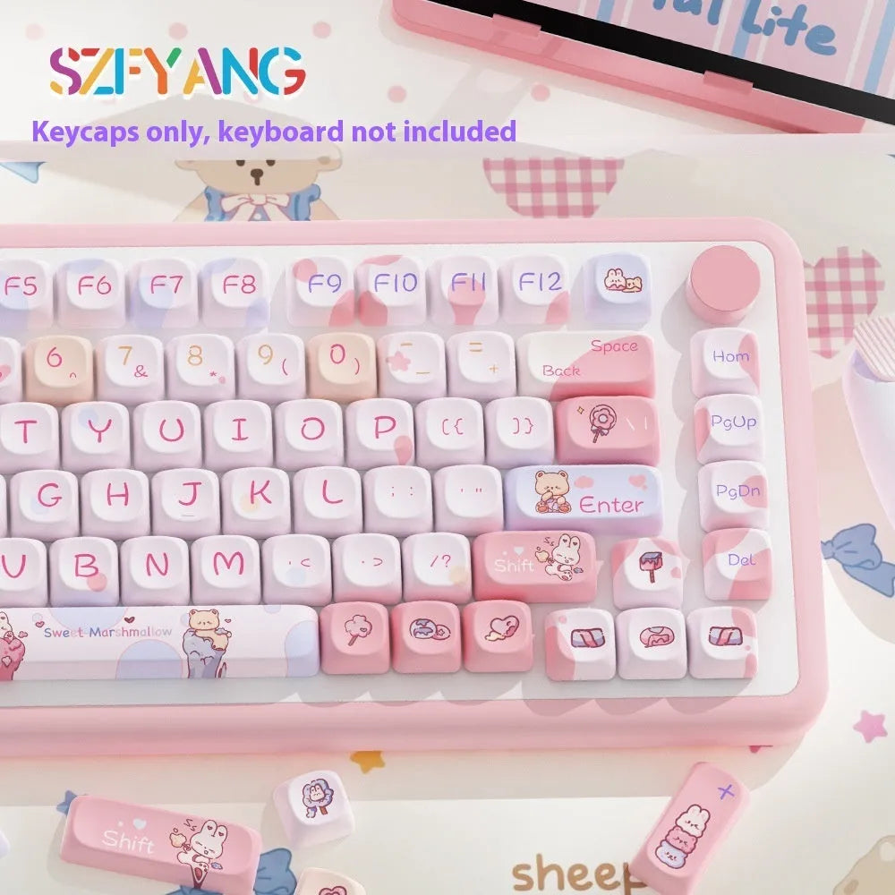 Sweet cotton candy coloured PBT plastic keycap set for mechanical keyboards, showing 112-key and 120-key options.