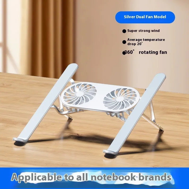 Aluminium alloy folding laptop cooling stand with twin fans and height adjustment mechanism