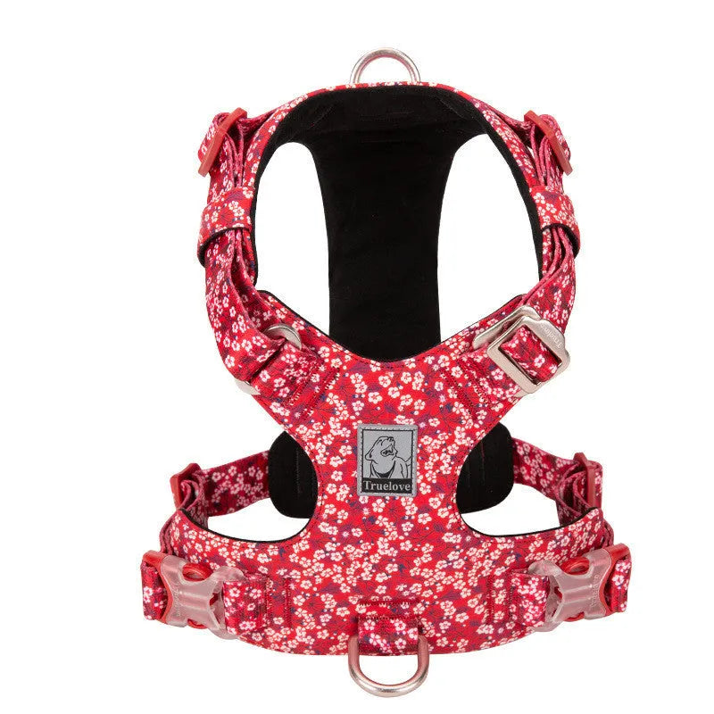 Floral print cotton dog chest harness on a dog, showing adjustable straps and pull-resistant design.