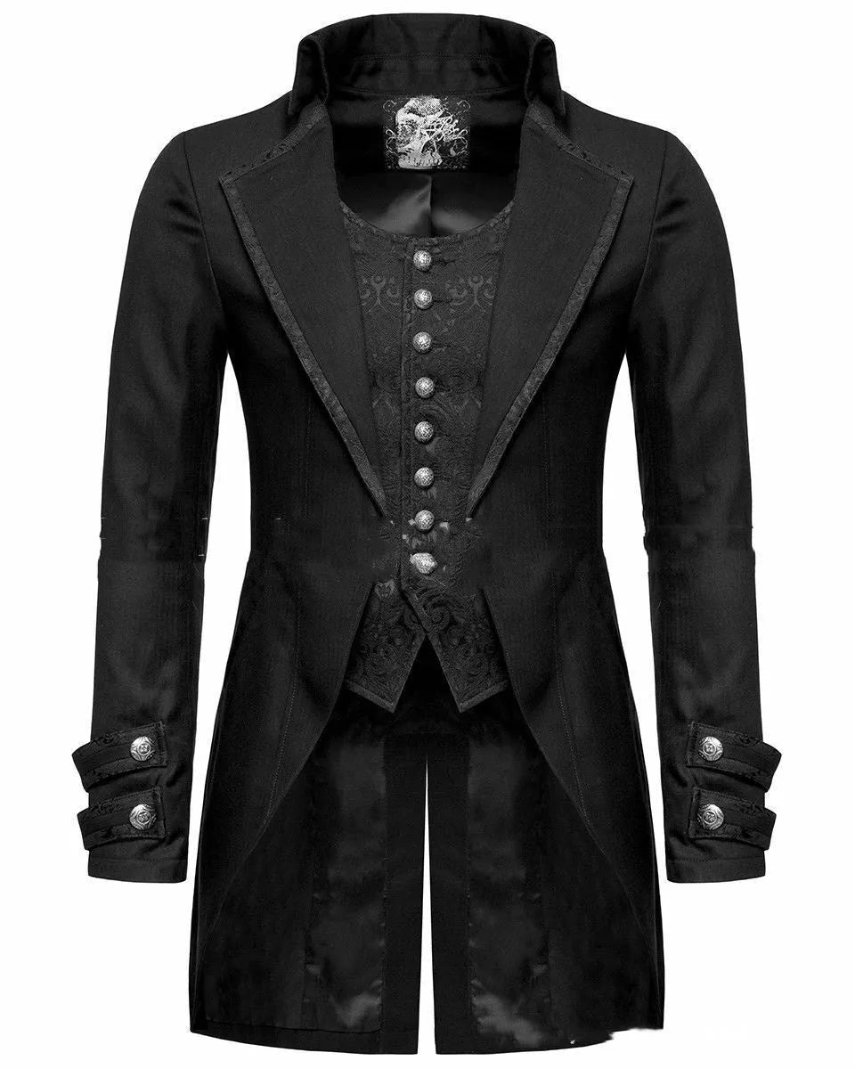 Black Victorian-style morning gown cosplay jacket for men on a hanger.