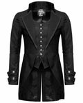 Black Victorian-style morning gown cosplay jacket for men on a hanger.