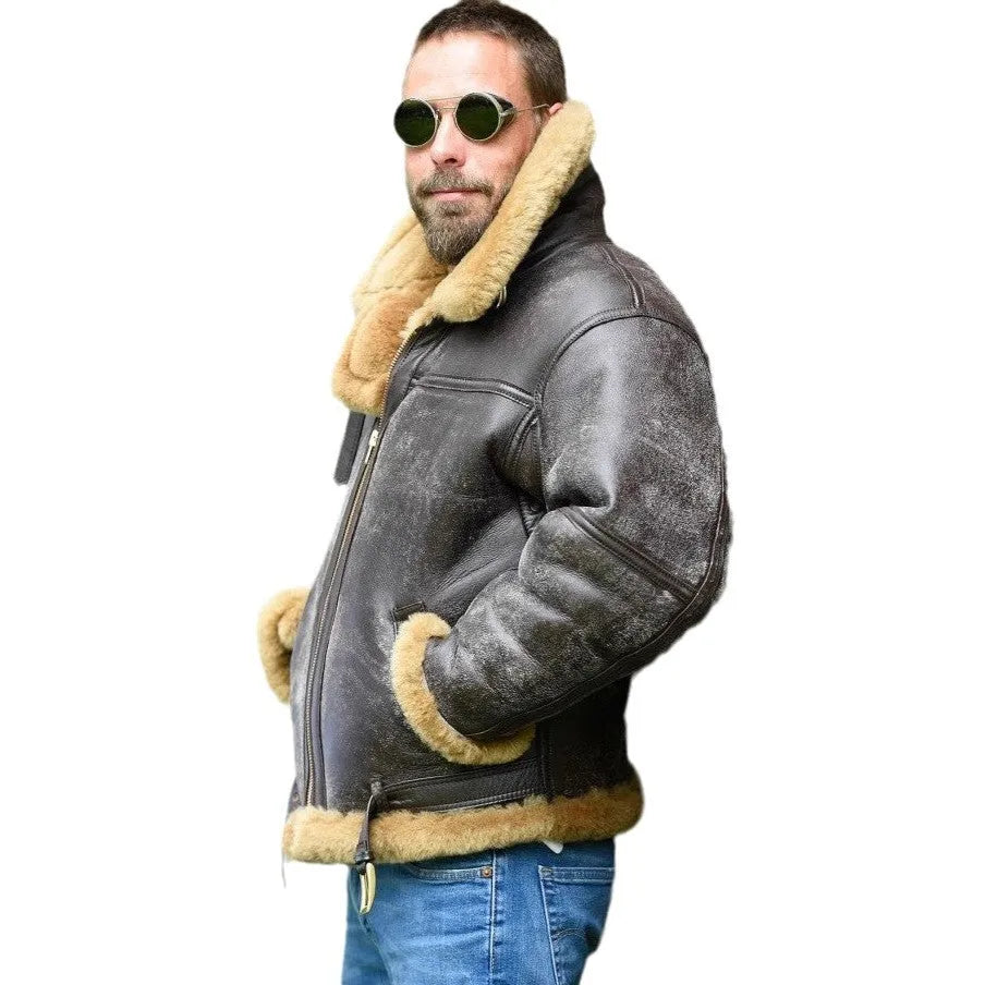 Men's brown retro synthetic leather winter fur coat with straight hem