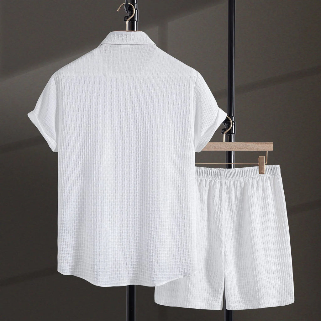 Men's black cotton blend short sleeve shirt and shorts casual suit set on a hanger.