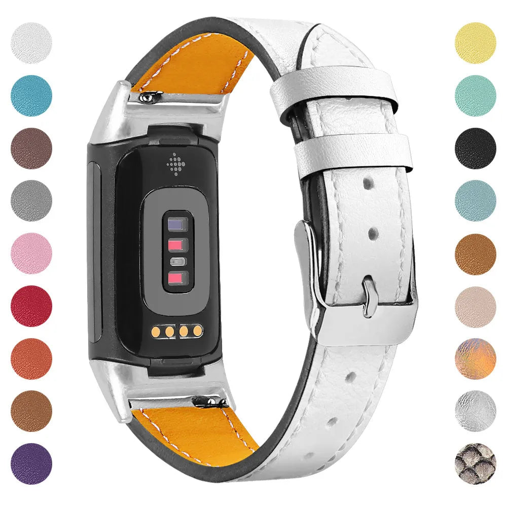 Genuine leather strap for Fitbit Charge 5 and Charge 6 smartwatches in multiple colour options.