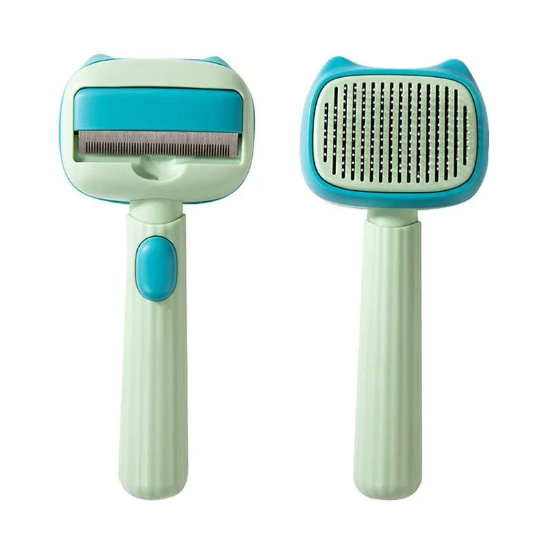 Blue and green double-sided pet grooming brush with deshedding rake and dematting comb on a white background