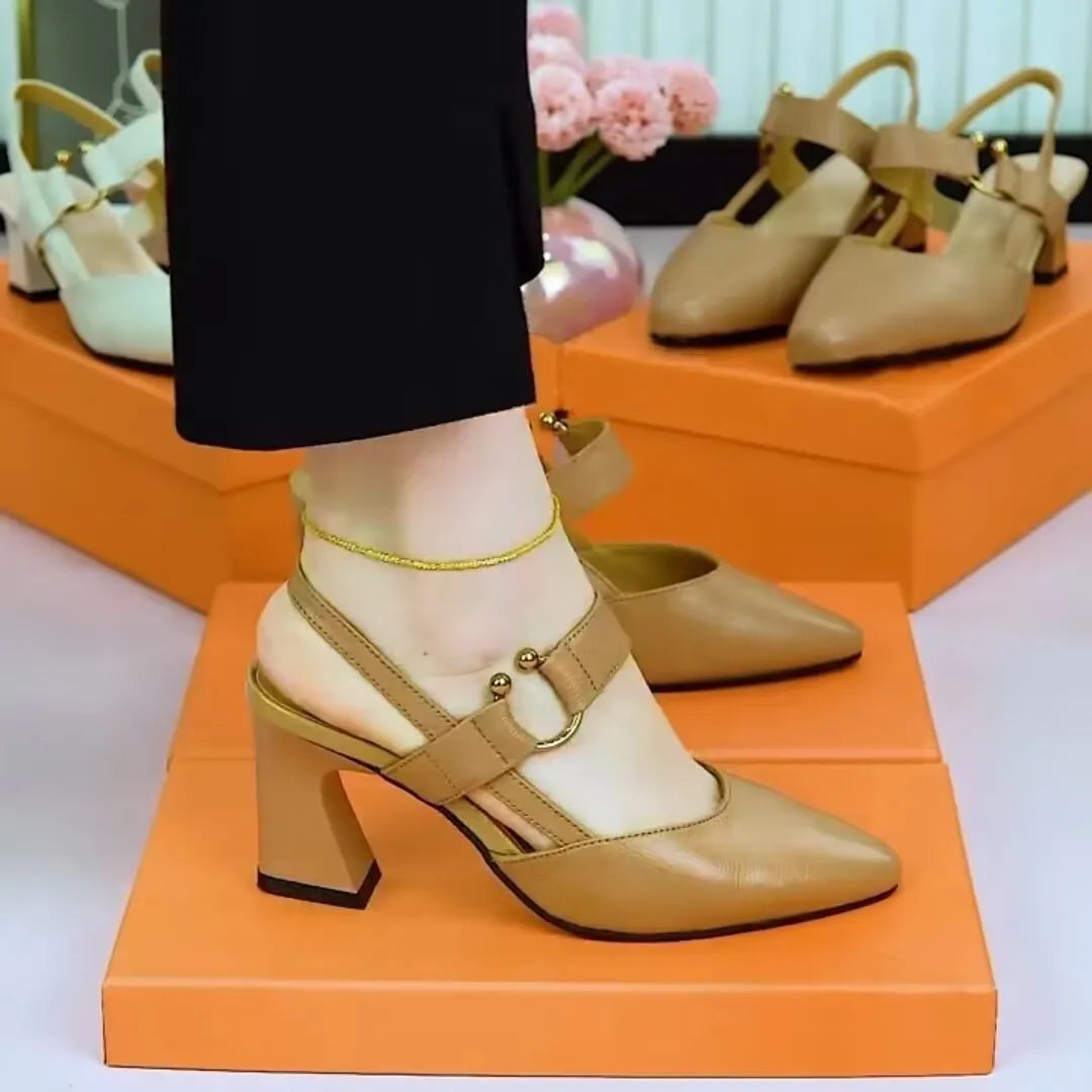 Women's apricot pigskin leather sandals with closed toe and chunky block heel on a white background.