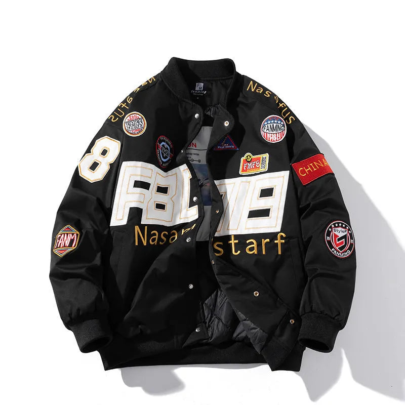 Black American motorcycle baseball jacket with side pockets, shown with detachable hood, for couple riding.