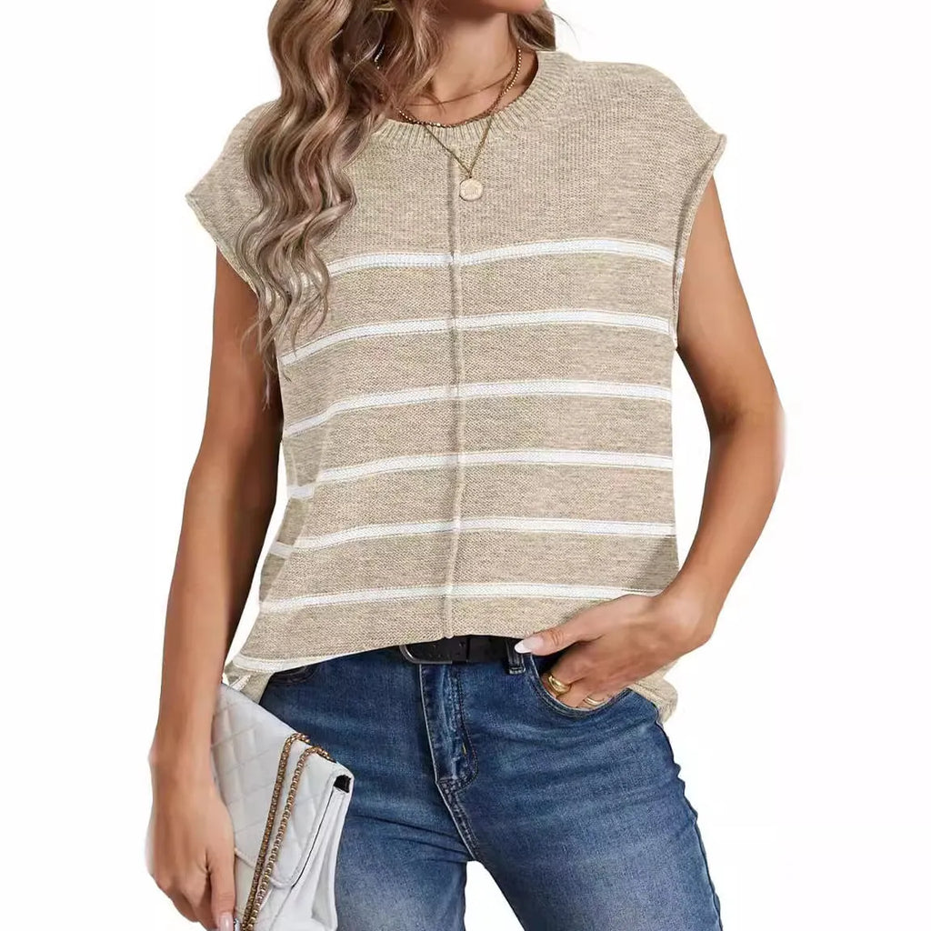 Striped sleeveless pullover vest top for women in a casual style.