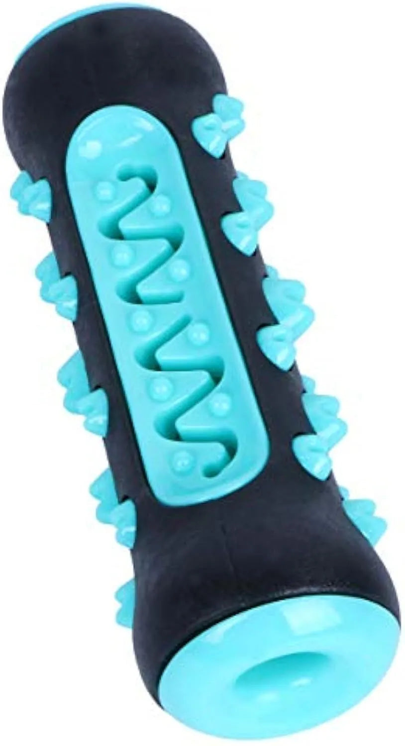 A blue natural rubber dog toothbrush chew toy with a textured surface, shown next to a green one.