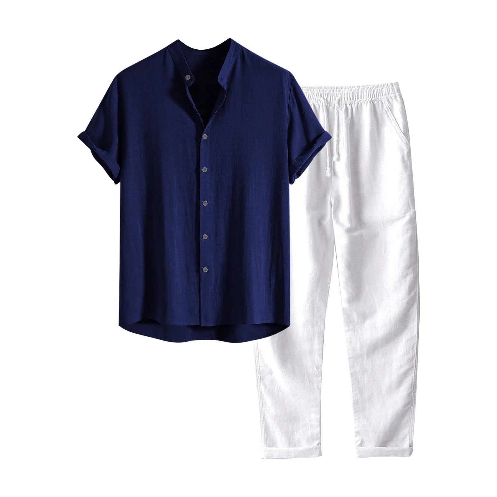 Men's casual short sleeve shirt and trousers suit in polyester linen fabric with loose fit