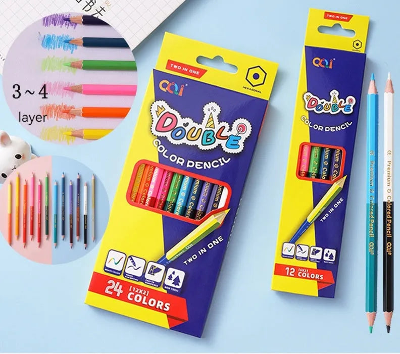 Set of wooden double-tipped colour pencils with pencil and brush ends in 12 or 24 colour options.