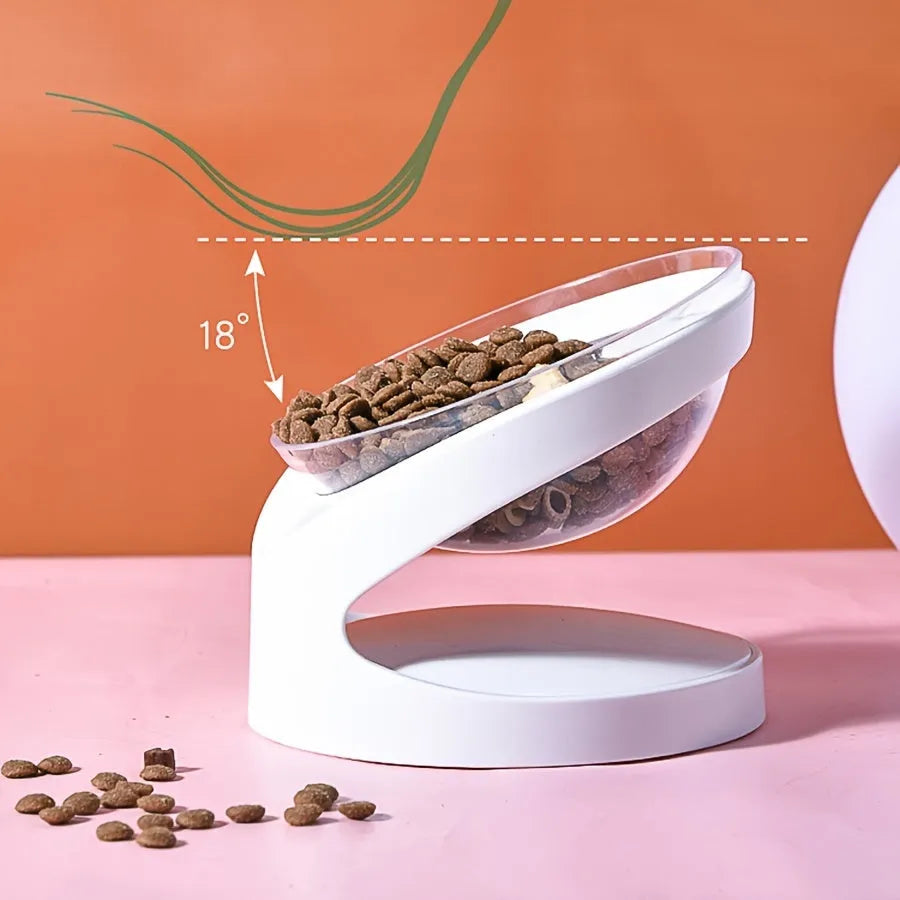 Clear white plastic cat food bowl with 4-degree anti-vomit tilt angle