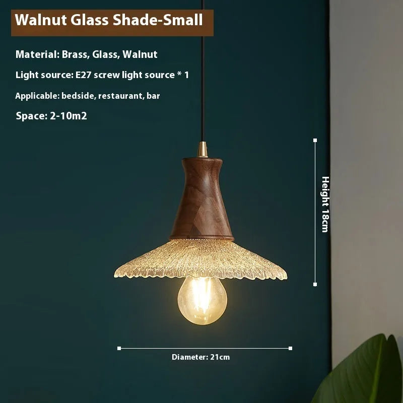 Wood and brass electroplated chandelier with glass shade in three sizes for commercial lighting