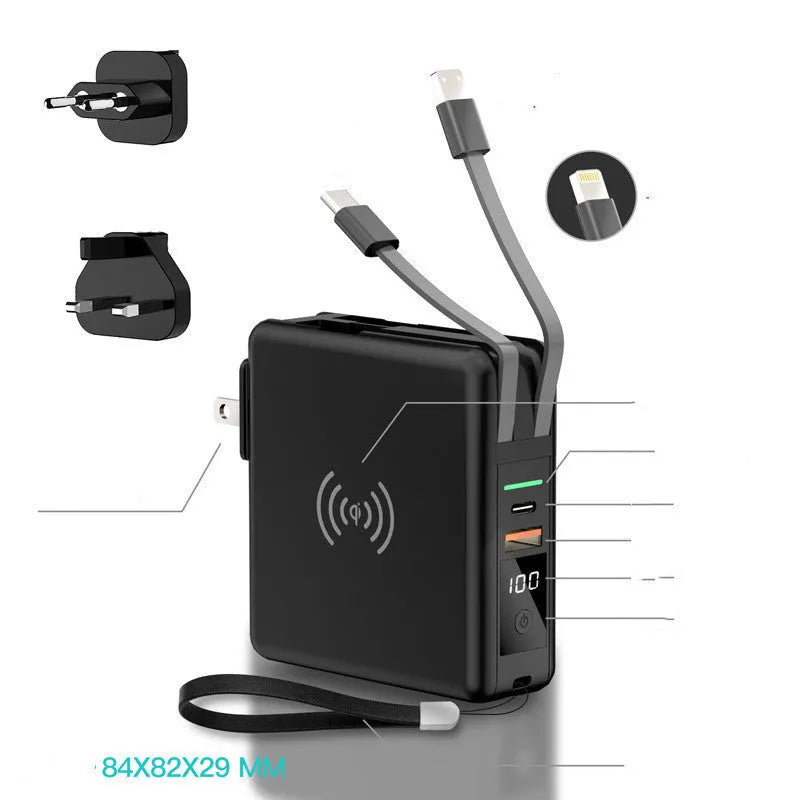 Black and white Super QI wireless charging power bank with integrated plug and international adaptors.