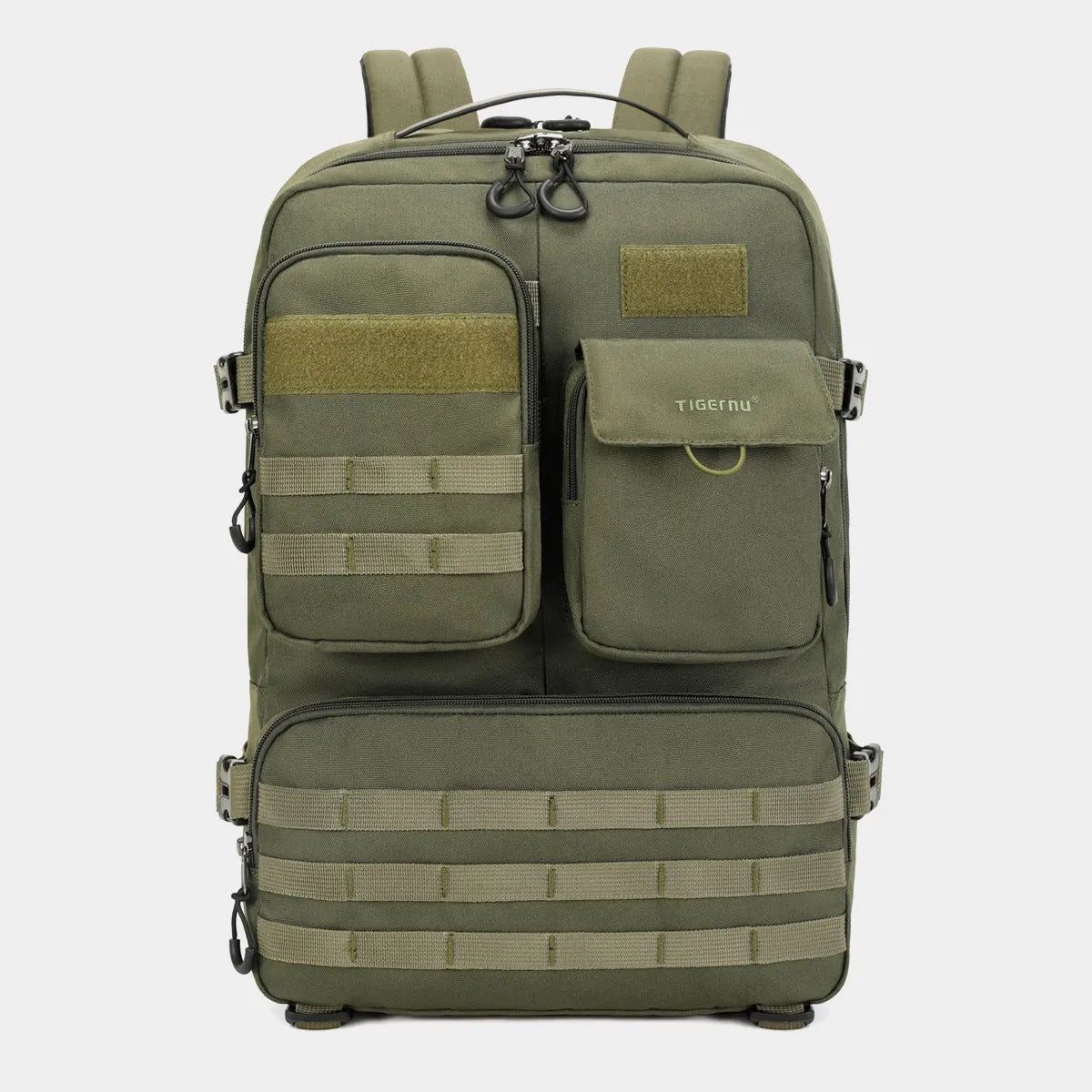 Army Green 17 inch tactical backpack with straps and compartments.