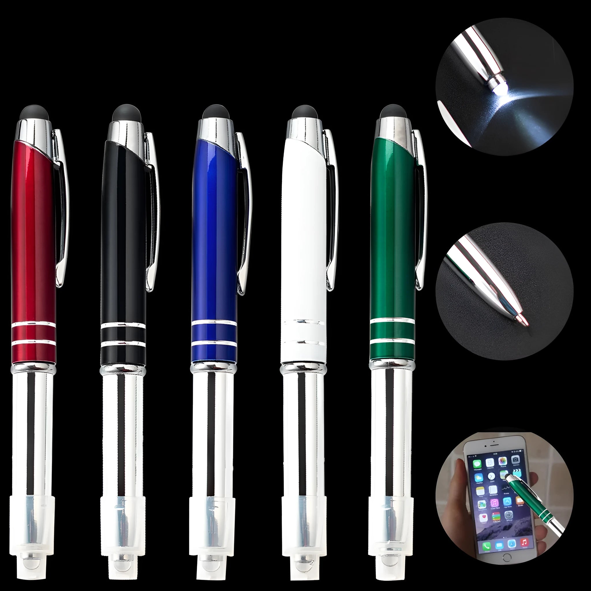 Metal capacitive stylus and ballpoint pen with LED light in five colour options