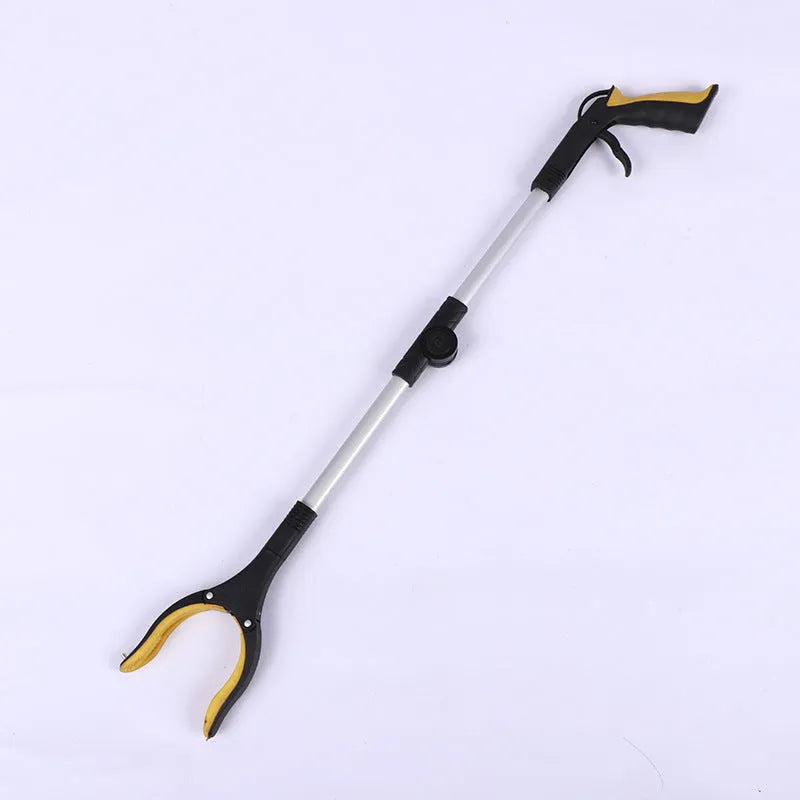 Foldable aluminium sanitation clamp with magnet, shown extended and collapsed with blue handle