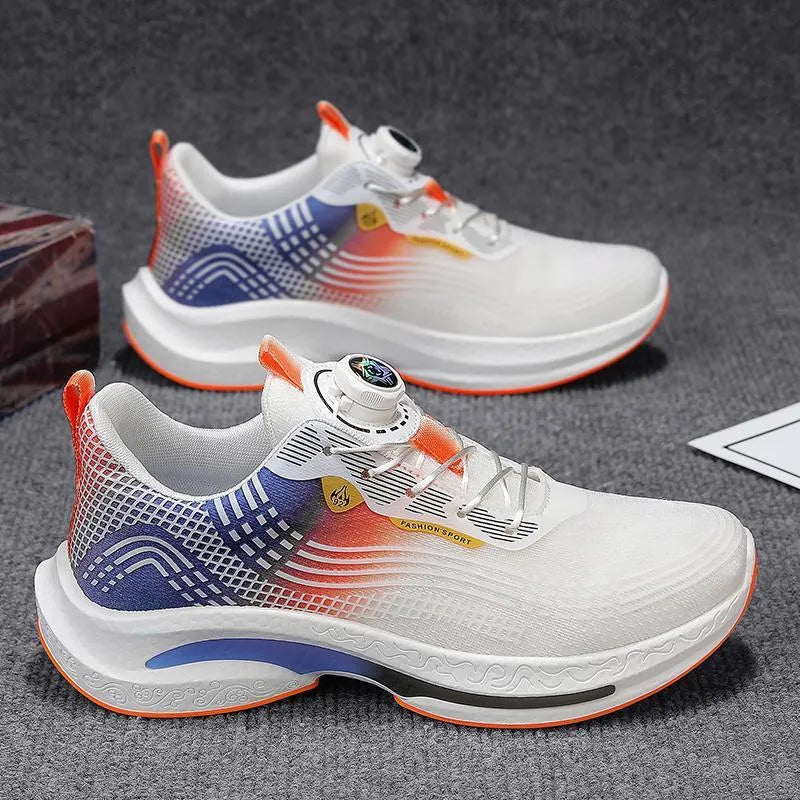 Men's low-top mesh sneakers with rotating buckle closure in white-orange colourway