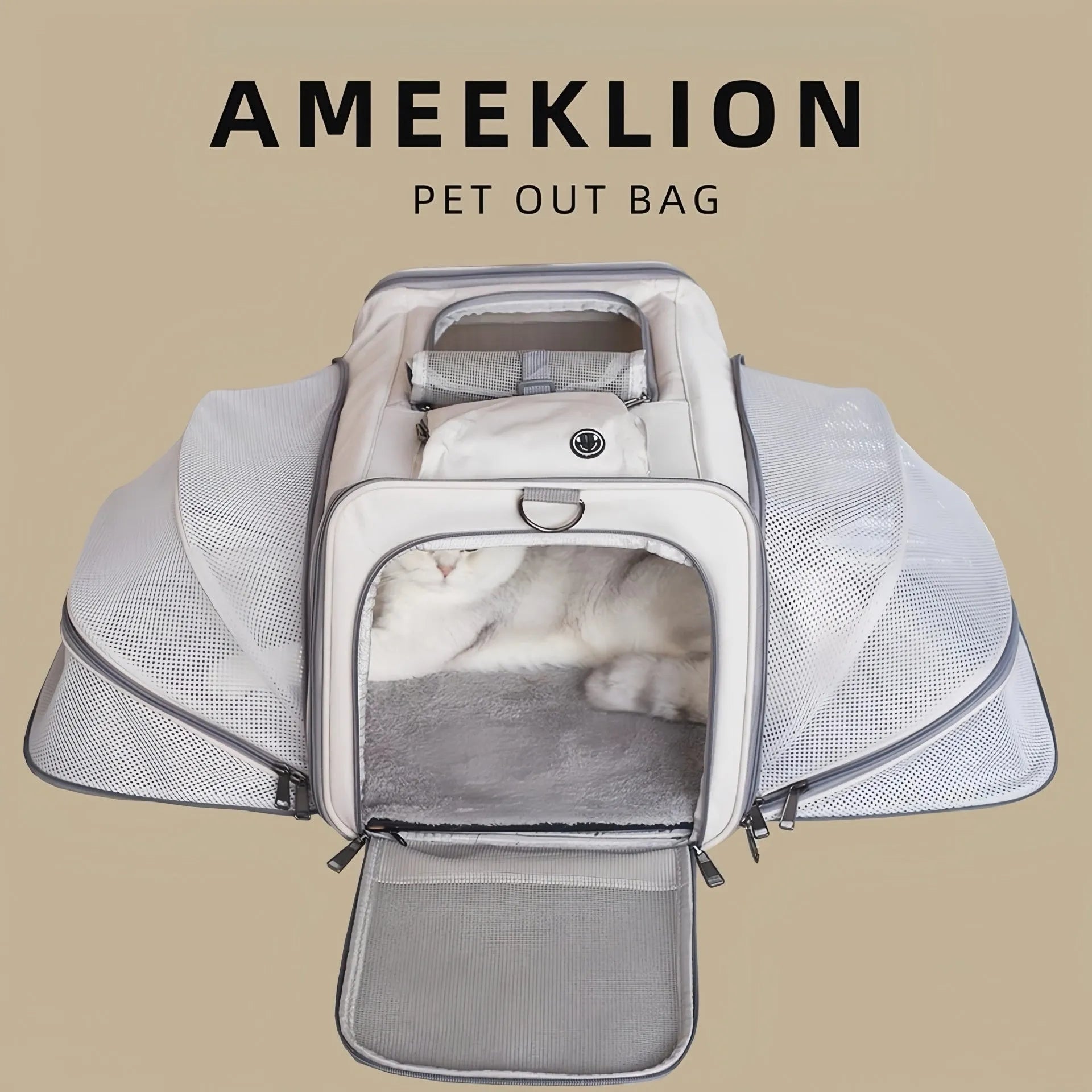 Oxford cloth portable pet bag in beige with extendable top and side mesh panels for breathability