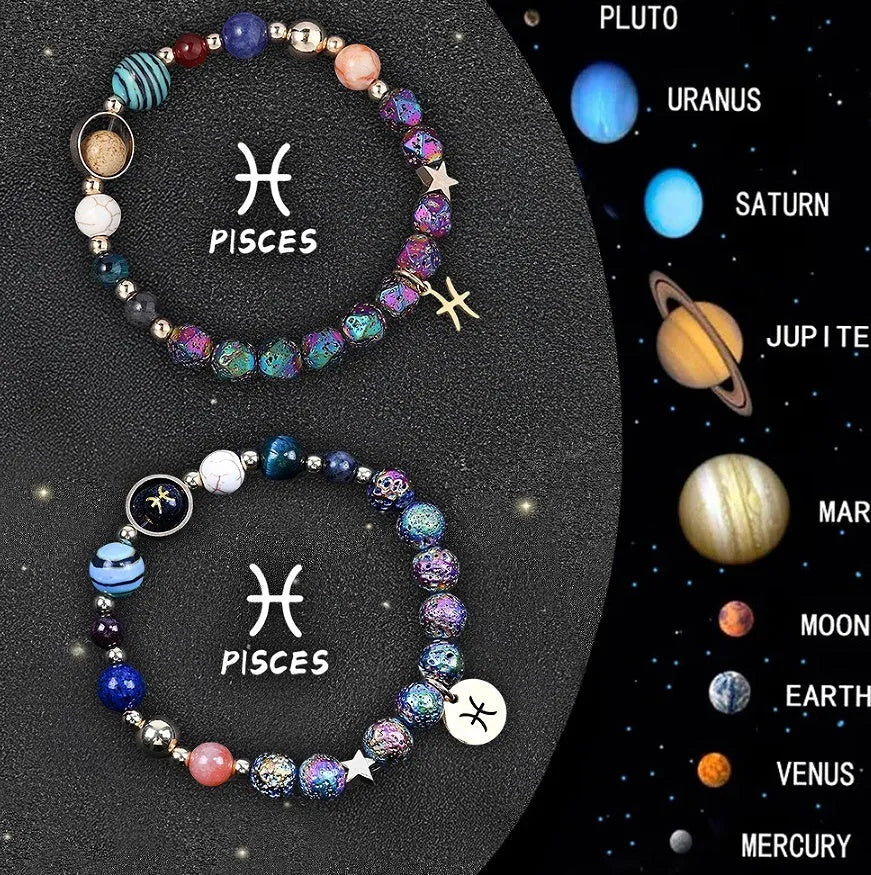Two natural stone zodiac bracelets with adjustable cords showing astrological symbol beads