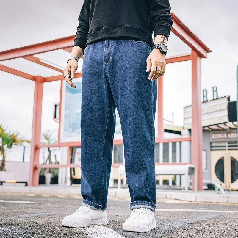 Men's loose straight casual jeans in dark blue, light blue, and grey colour options