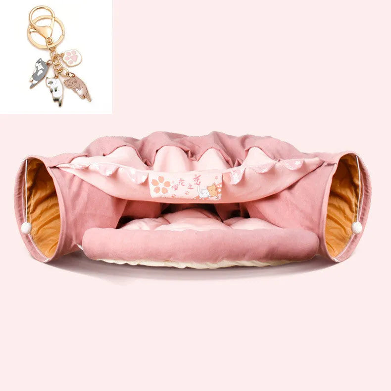Collapsible cloth cat tunnel shown in one of four colours: Bar, Coffee, Matcha, or Pink